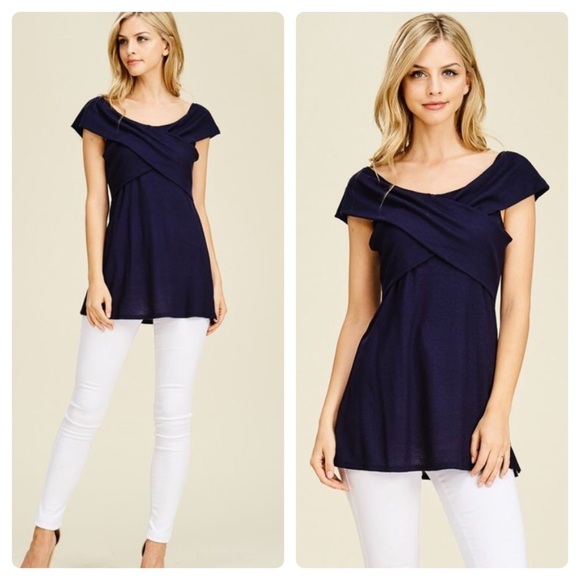 Navy blue crossover front knit top - Picture 1 of 5